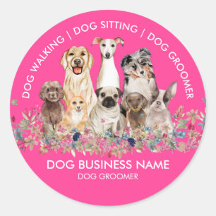 Pink White Dog Walking Groomer Pet Classic Round Sticker