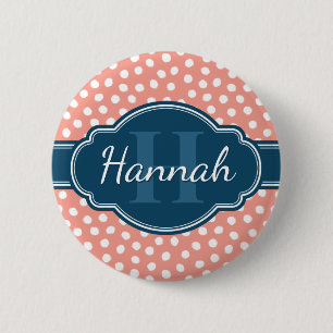 Pink White Dotted Pattern Navy Monogram 6 Cm Round Badge