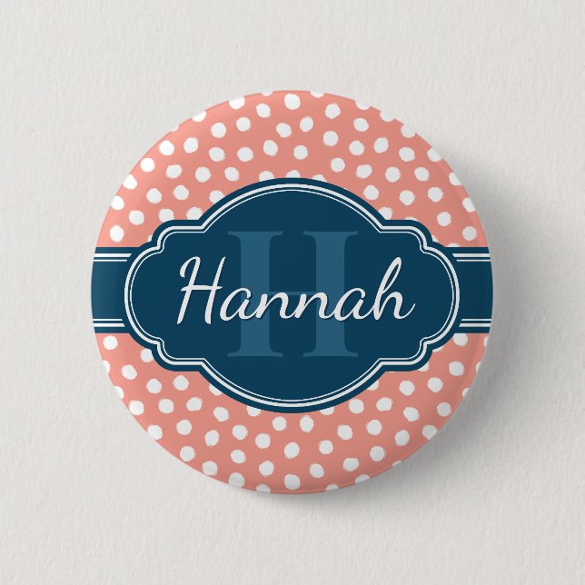 Pink White Dotted Pattern Navy Monogram 6 Cm Round Badge (Front)