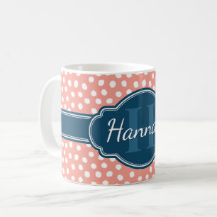 Pink White Dotted Pattern Navy Monogram Coffee Mug