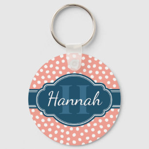 Pink White Dotted Pattern Navy Monogram Key Ring