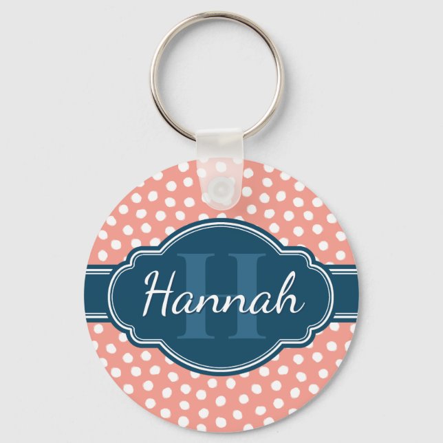 Pink White Dotted Pattern Navy Monogram Key Ring (Front)