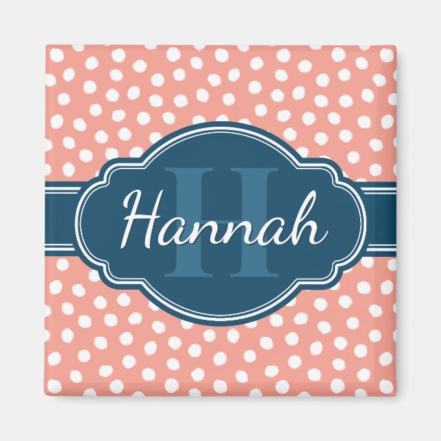 Pink White Dotted Pattern Navy Monogram Magnet (Front)