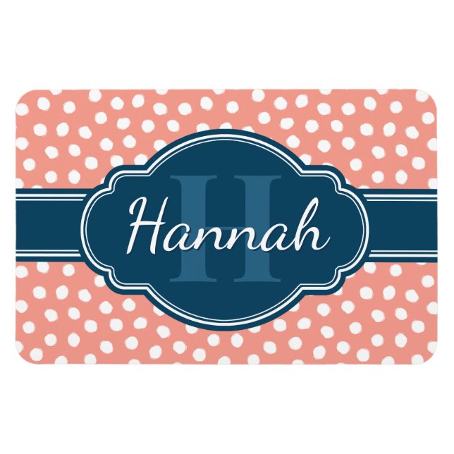 Pink White Dotted Pattern Navy Monogram Magnet (Horizontal)