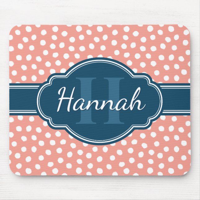 Pink White Dotted Pattern Navy Monogram Mouse Mat (Front)