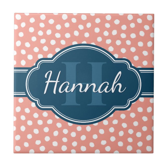 Pink White Dotted Pattern Navy Monogram Tile (Front)