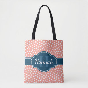 Pink White Dotted Pattern Navy Monogram Tote Bag