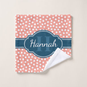 Pink White Dotted Pattern Navy Monogram Wash Cloth