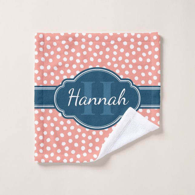 Pink White Dotted Pattern Navy Monogram Wash Cloth (Wash Cloth)