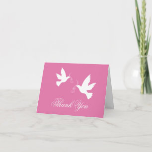 Pink & white dove birds wedding thank you card