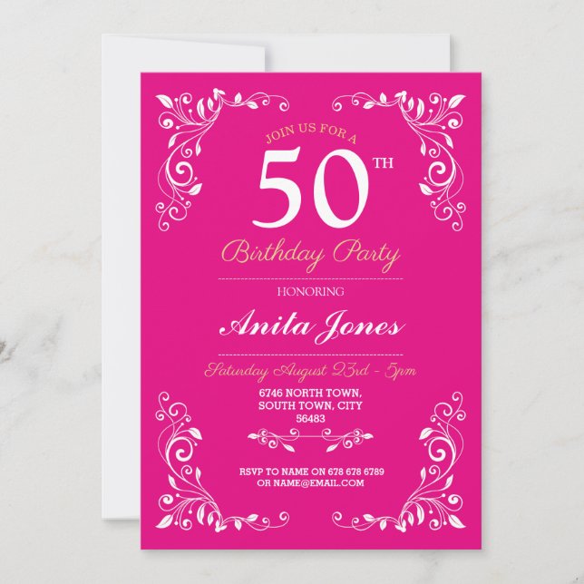 Pink White Elegant Birthday Womens Classy 50th Invitation (Front)