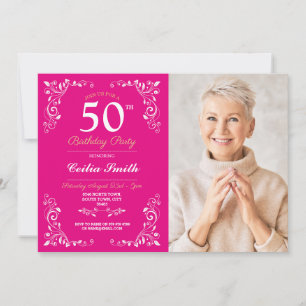 Pink White Elegant Birthday Womens Classy Photo Invitation
