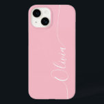 Pink White Elegant Calligraphy Script Name Case-Mate iPhone 14 Case<br><div class="desc">Pink White Elegant Calligraphy Script Custom Personalised Name iPhone 14 Smart Phone Cases features a modern and trendy simple and stylish design with your personalised name in elegant hand written calligraphy script typography on a soft pink background. Designed by ©Evco Studio www.zazzle.com/store/evcostudio</div>