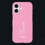 Pink White Elegant Calligraphy Script Name iPhone 16 Case<br><div class="desc">Pink Elegant White Calligraphy Script Custom Personalised Name iPhone 16  Smart Phone Cases features a modern and trendy simple and stylish design with your personalised name in elegant hand written calligraphy script typography on a pink background. Designed by ©Evco Studio www.zazzle.com/store/evcostudio</div>