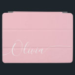 Pink White Elegant Calligraphy Script Name iPad Air Cover<br><div class="desc">Pink White Elegant Calligraphy Script Custom Personalised Add Your Own Name iPad Air Cover features a modern and trendy simple and stylish design with your personalised name in elegant hand written calligraphy script typography on a metallic pink shimmer background. Perfect gift for birthday, Christmas, Mother's Day and stylish enough for...</div>