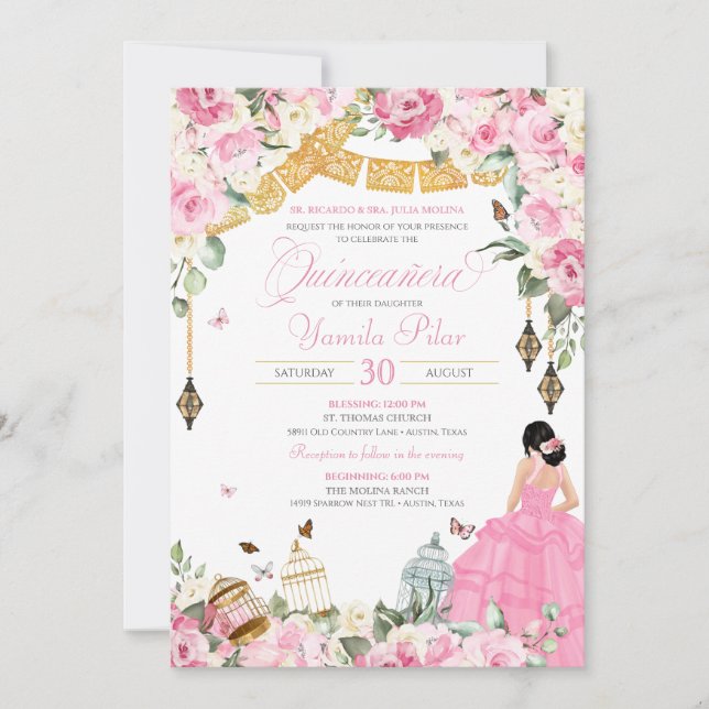 Pink White Elegant Floral Butterfly Quinceanera 1  Invitation (Front)