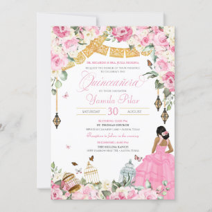 Pink White Elegant Floral Butterfly Quinceanera 2 Invitation