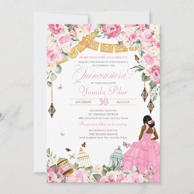 Pink White Elegant Floral Butterfly Quinceanera 4 Invitation (Front)