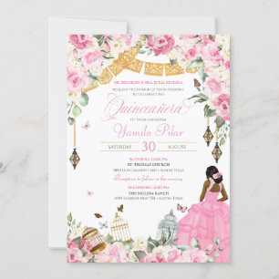 Pink White Elegant Floral Butterfly Quinceanera 4 Invitation