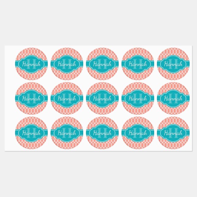 Pink White Elegant Lattice Pattern Teal Monogram (Sheet)