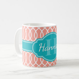 Pink White Elegant Lattice Pattern Teal Monogram Coffee Mug