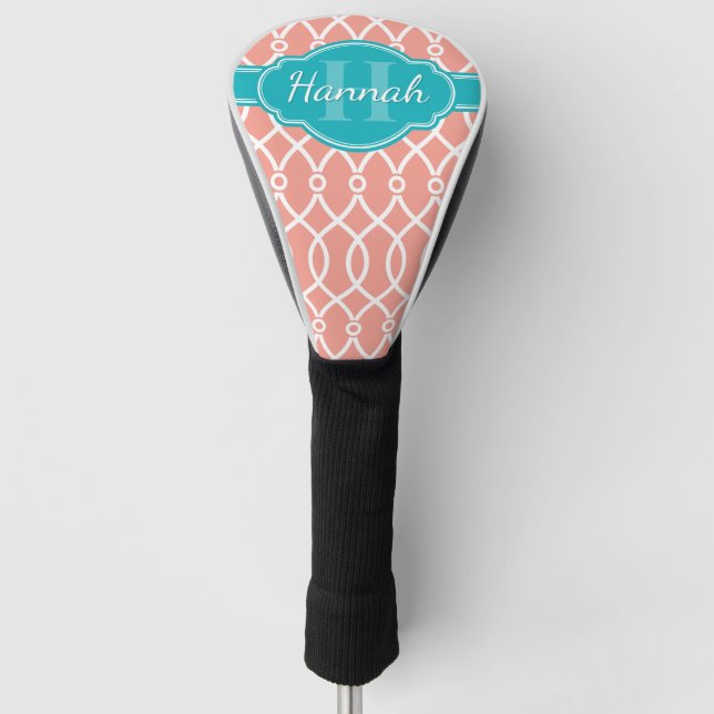 Pink White Elegant Lattice Pattern Teal Monogram Golf Head Cover (Front)
