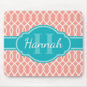 Pink White Elegant Lattice Pattern Teal Monogram Mouse Mat