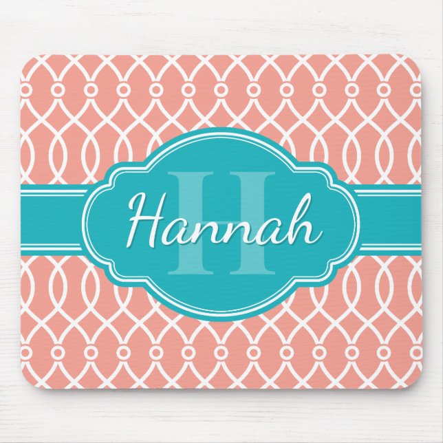 Pink White Elegant Lattice Pattern Teal Monogram Mouse Mat (Front)