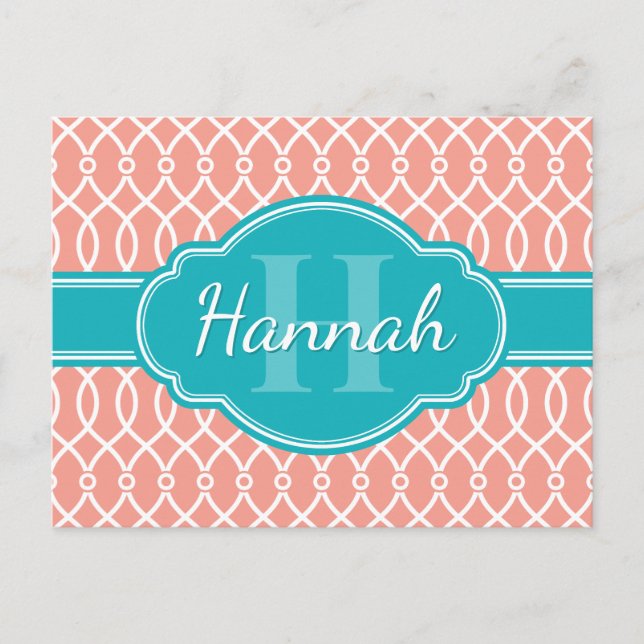 Pink White Elegant Lattice Pattern Teal Monogram Postcard (Front)