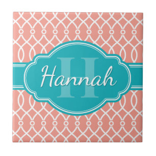 Pink White Elegant Lattice Pattern Teal Monogram Tile