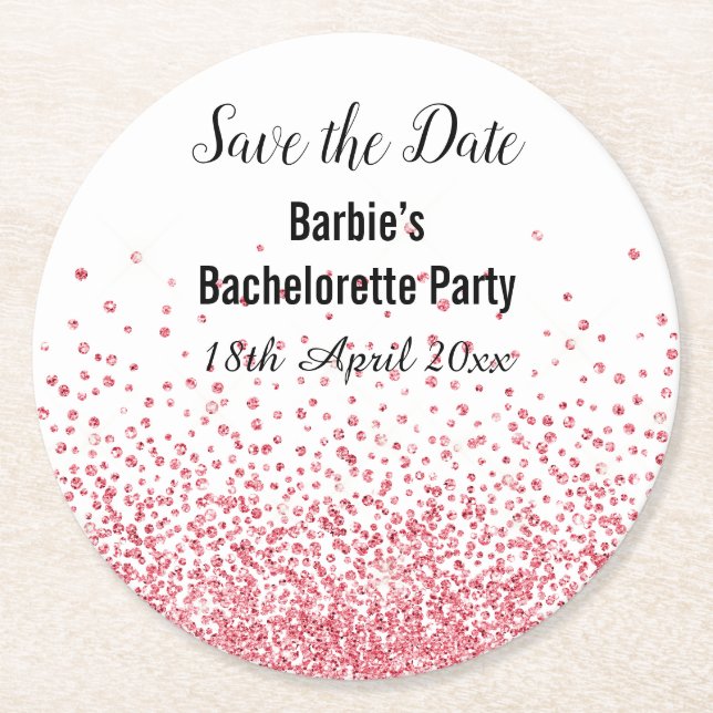 PINK WHITE ELEGANT SAVE THE DATE  Bachelorette Round Paper Coaster (Front)