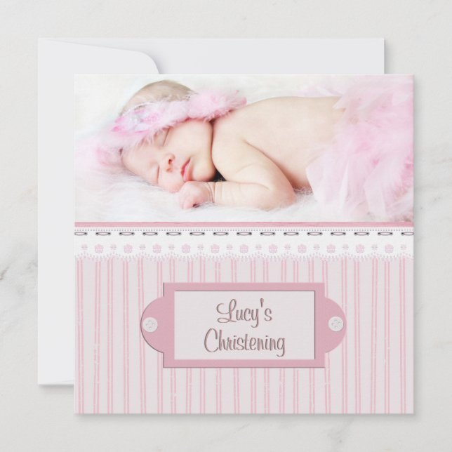 Pink White Eyelet Girl Photo Baptism Christening Invitation (Front)