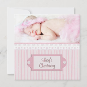 Pink White Eyelet Girl Photo Baptism Christening Invitation