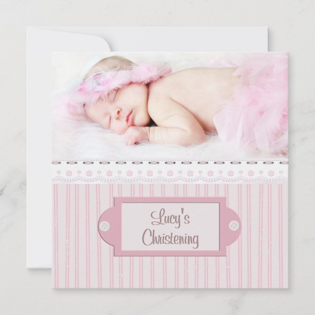 Pink White Eyelet Girl Photo Baptism Christening Invitation (Front)