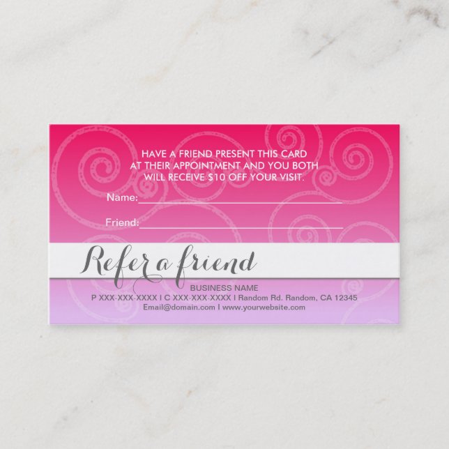 Pink white fade swirl refer a friend cards (Front)