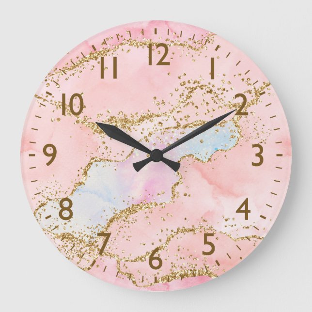 Pink & White & Faux Gold Glitter Agate Monogram Large Clock (Front)
