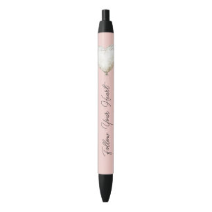 Pink White Faux Lace Heart Balloon Black Ink Pen