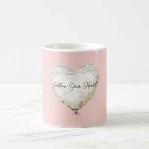 Pink White Faux Lace Heart Balloon Coffee Mug