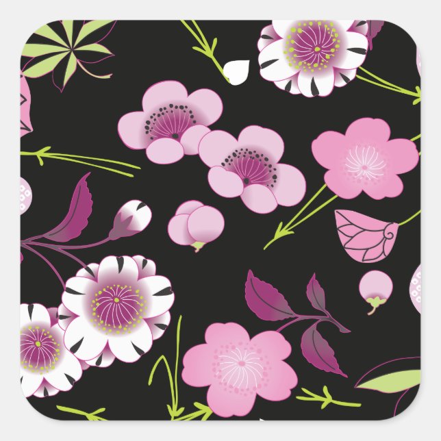 Pink White Fine Japanese Floral Kimono Pattern Square Sticker (Front)