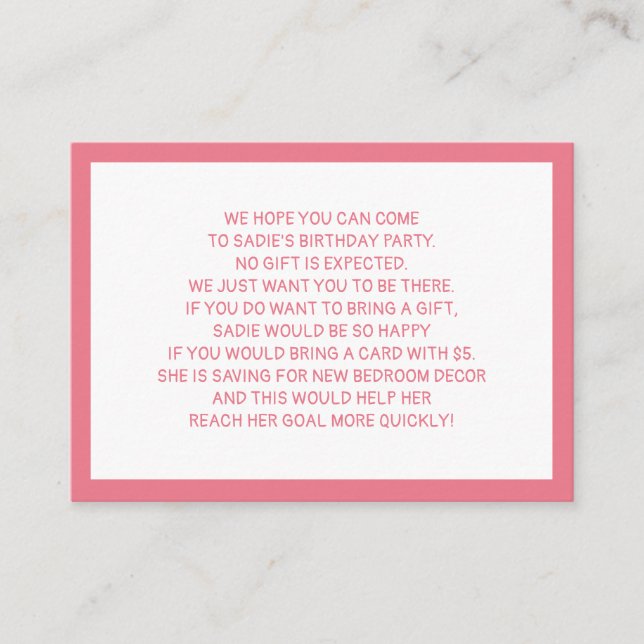 Pink White Fiver 5 Dollar Child's Birthday Party Enclosure Card (Front)