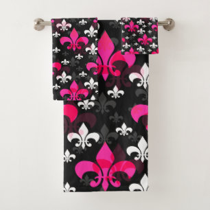 Pink White Fleur De Lis  Bath Towel Set