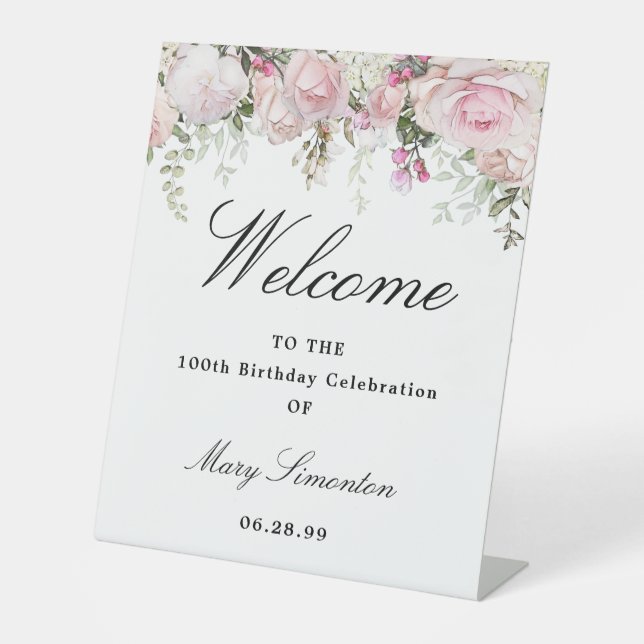 Pink White Floral 100th Birthday Party Welcome Pedestal Sign (Front)