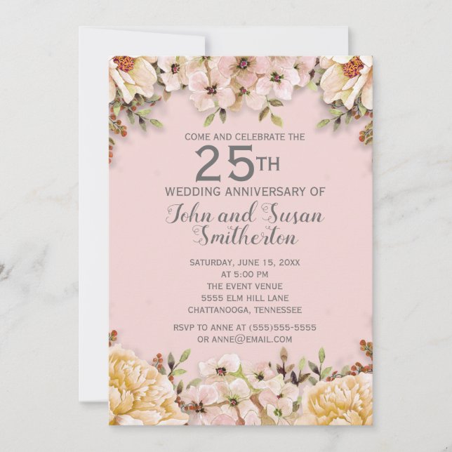 Pink White Floral 25th Wedding Anniversary Invitation (Front)