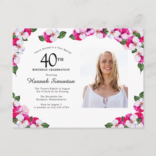 Pink White Floral 40th Birthday Invitation Postcard (Front)
