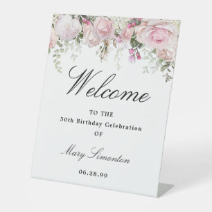 Pink White Floral 50th Birthday Party Welcome Pedestal Sign