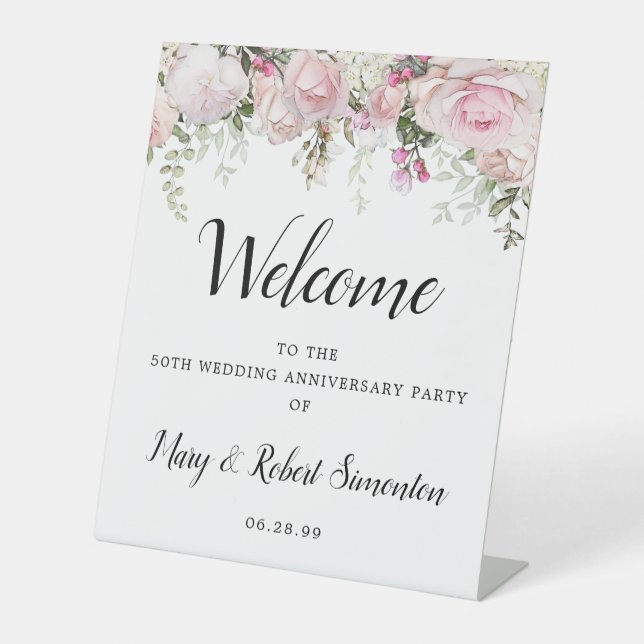 Pink White Floral 50th Wedding Anniversary Welcome Pedestal Sign (Front)