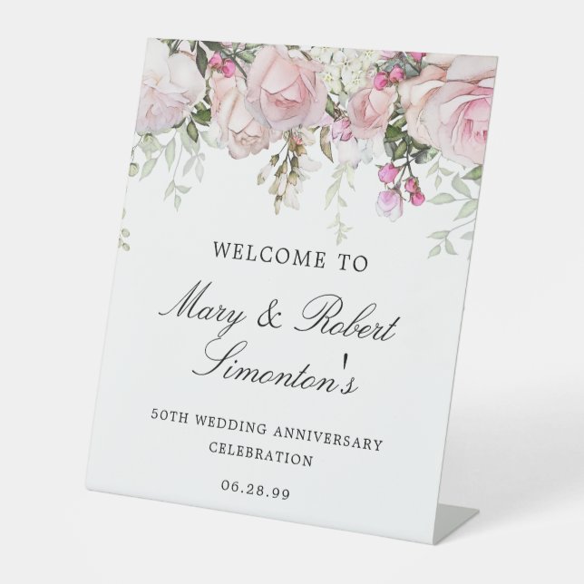 Pink White Floral 50th Wedding Anniversary Welcome Pedestal Sign (Front)
