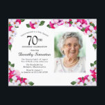 Pink White Floral 70th Birthday Invitation Postcard<br><div class="desc">Beautiful pink and white pansies are nestled in dark green leaves. 70th birthday celebration and the person's name is written in a large text. There is more room on the back of the postcard to create a special message to your guests. All of the text can be edited. Perfect choice...</div>