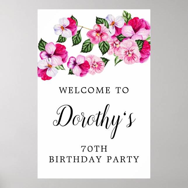 Pink White Floral 70th Birthday Party Welcome Poster (Front)