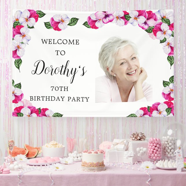 Pink White Floral 70th Birthday Welcome Banner (Party)